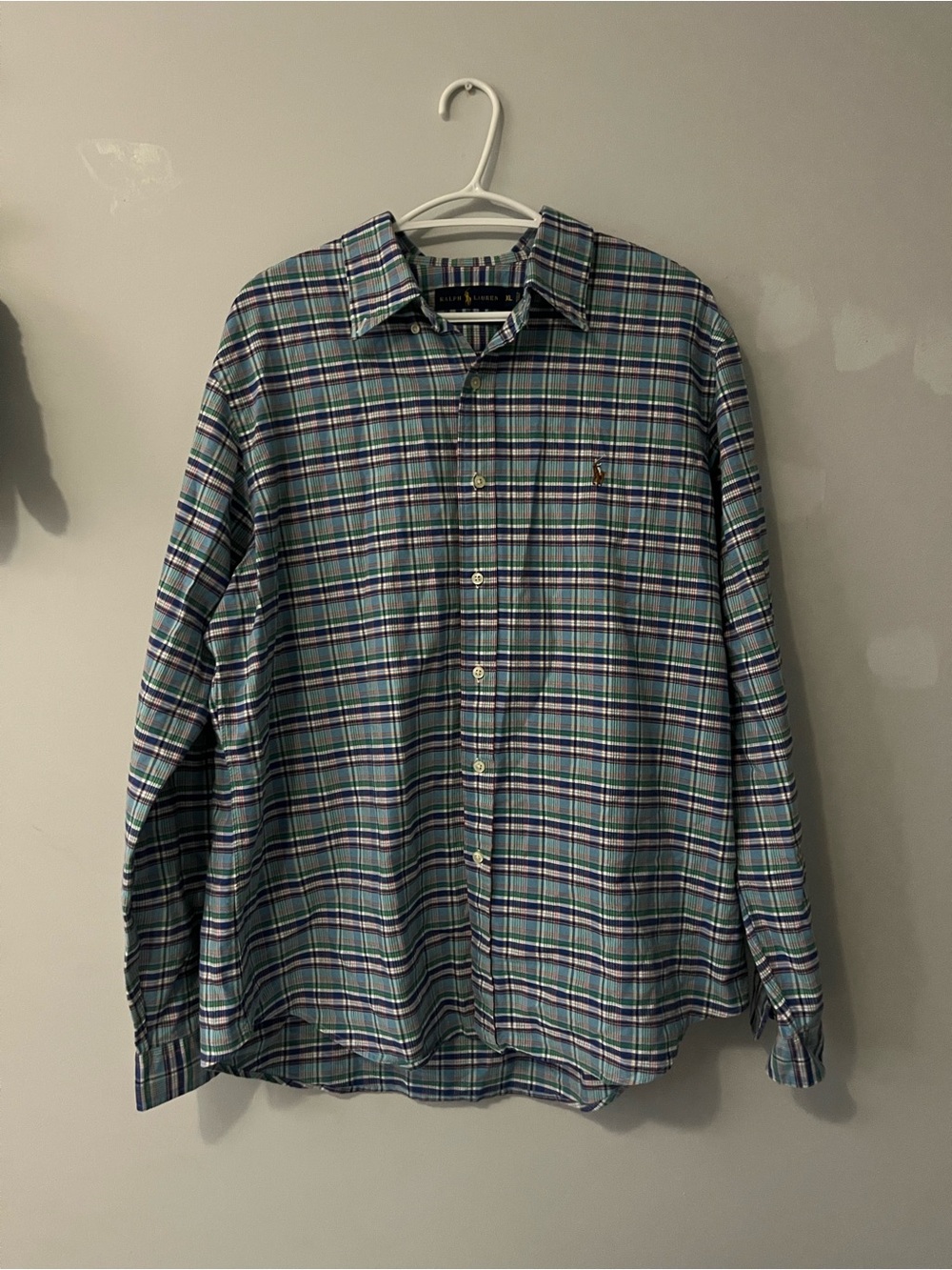 Polo by Ralph Lauren Teal Blue White Plaid Button-Down Shirt with brown pony